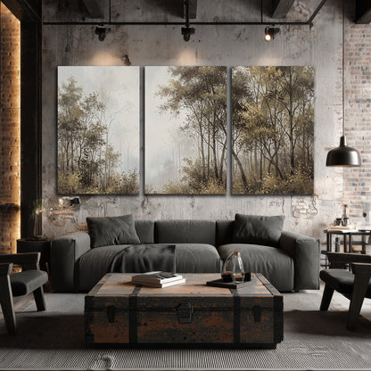 Tall autumn trees framing a pale misty woodland clearing 3 piece canvas wall art displayed in a industrial room