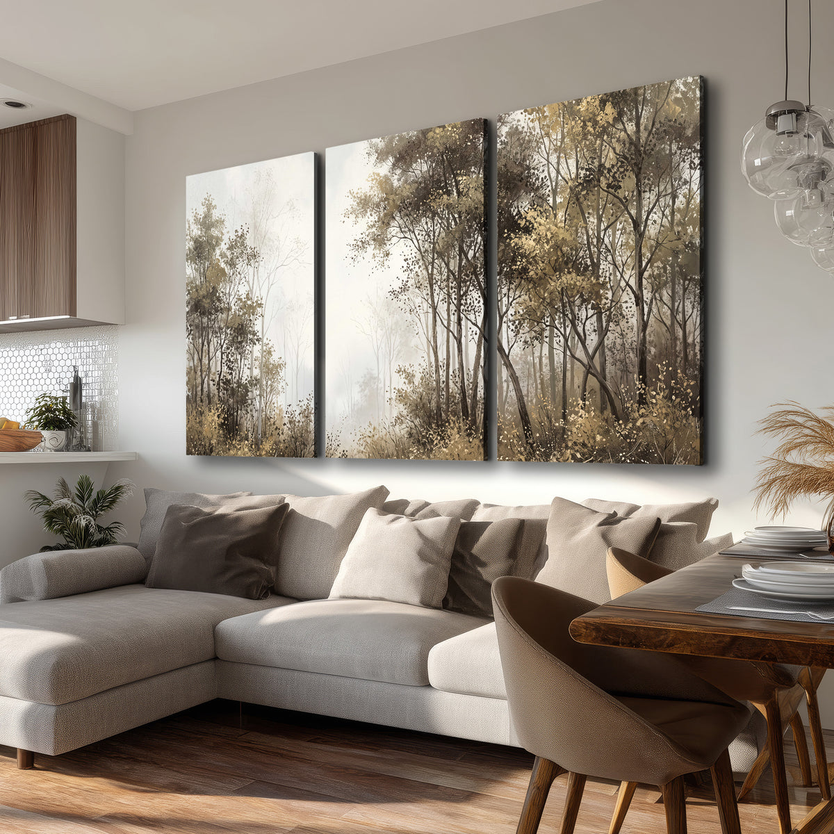 Tall autumn trees framing a pale misty woodland clearing 3 piece canvas wall art room and product view