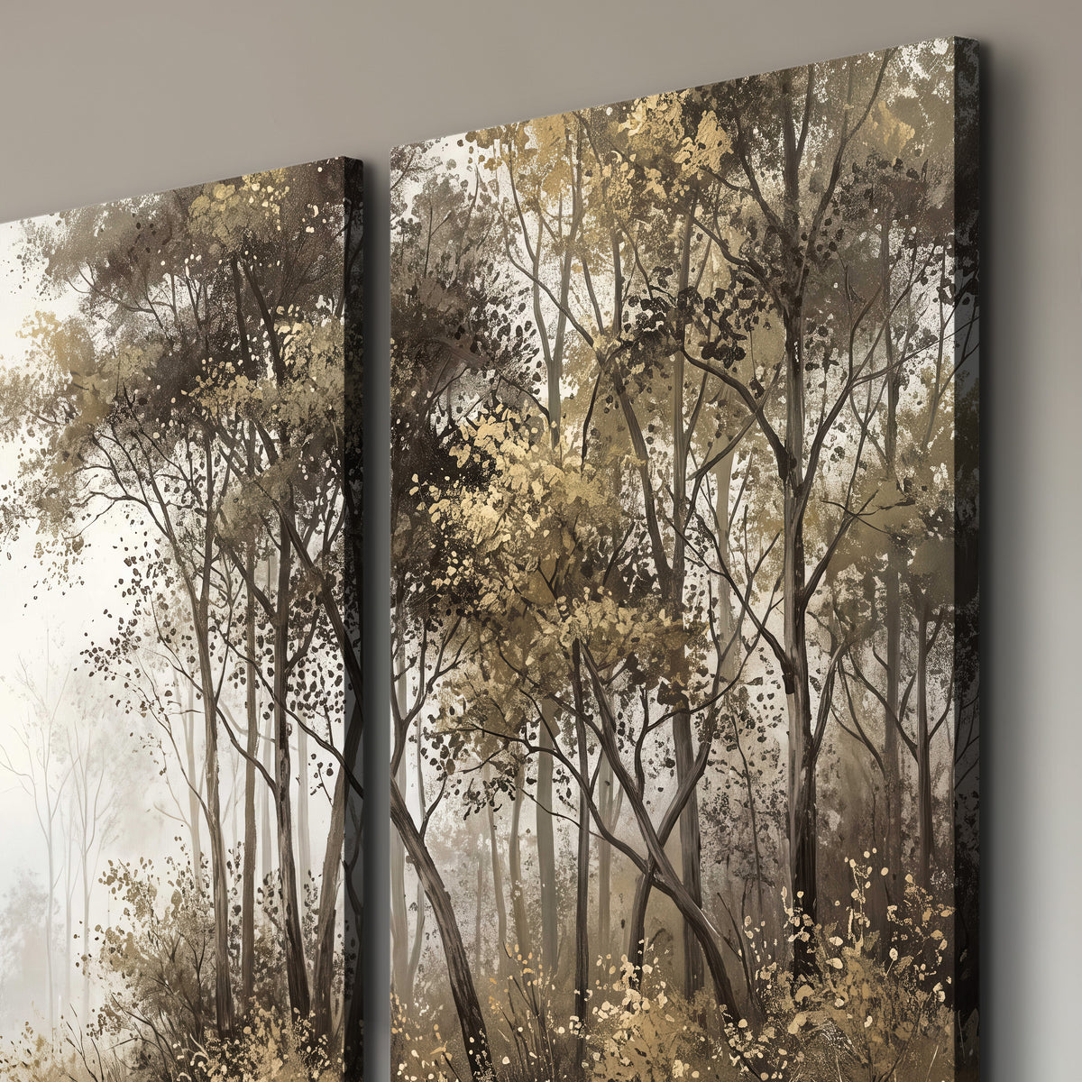Tall autumn trees framing a pale misty woodland clearing 3 piece canvas wall art room and product view