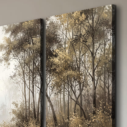 Tall autumn trees framing a pale misty woodland clearing 3 piece canvas wall art room and product view