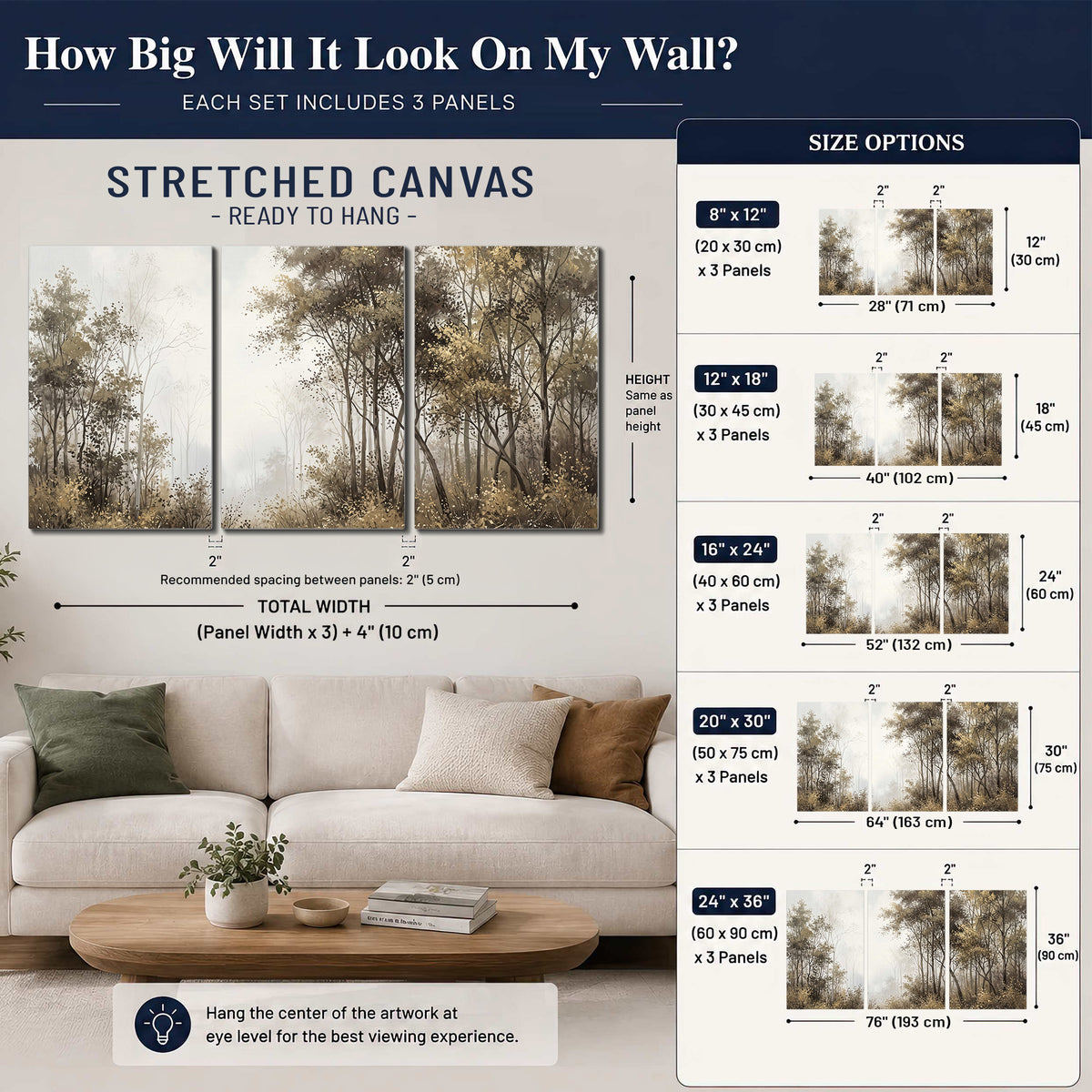 Tall autumn trees framing a pale misty woodland clearing 3 piece canvas wall art size guide above a sofa; room view is illustrative