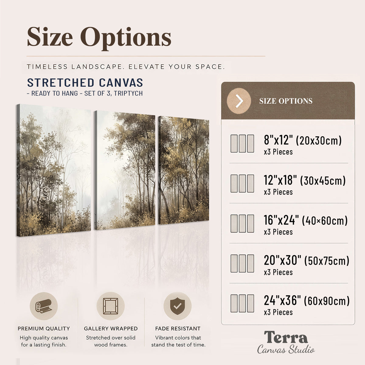 Tall autumn trees framing a pale misty woodland clearing 3 piece canvas wall art available dimensions; triptych dimensions are per panel