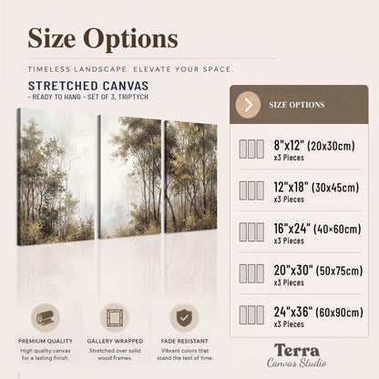 Tall autumn trees framing a pale misty woodland clearing 3 piece canvas wall art available dimensions; triptych dimensions are per panel