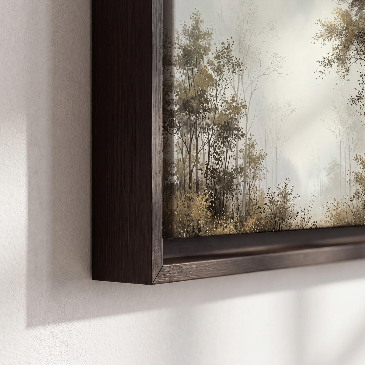 Tall autumn trees framing a pale misty woodland clearing 3 piece framed canvas wall art material and edge close up