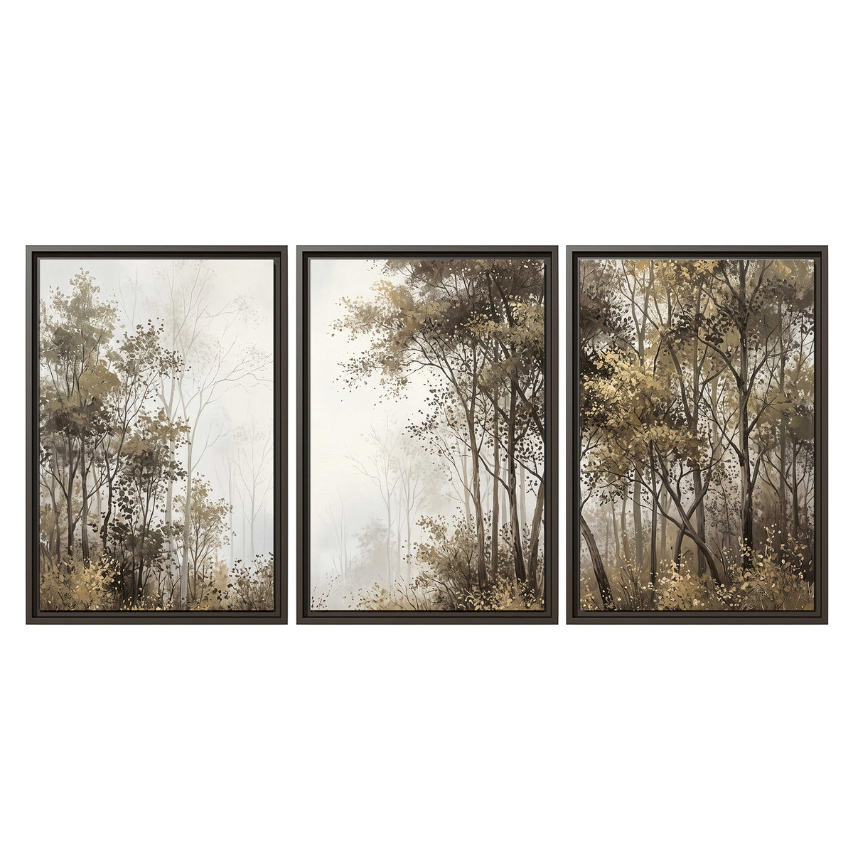 Tall autumn trees framing a pale misty woodland clearing 3 piece framed canvas wall art viewed straight on