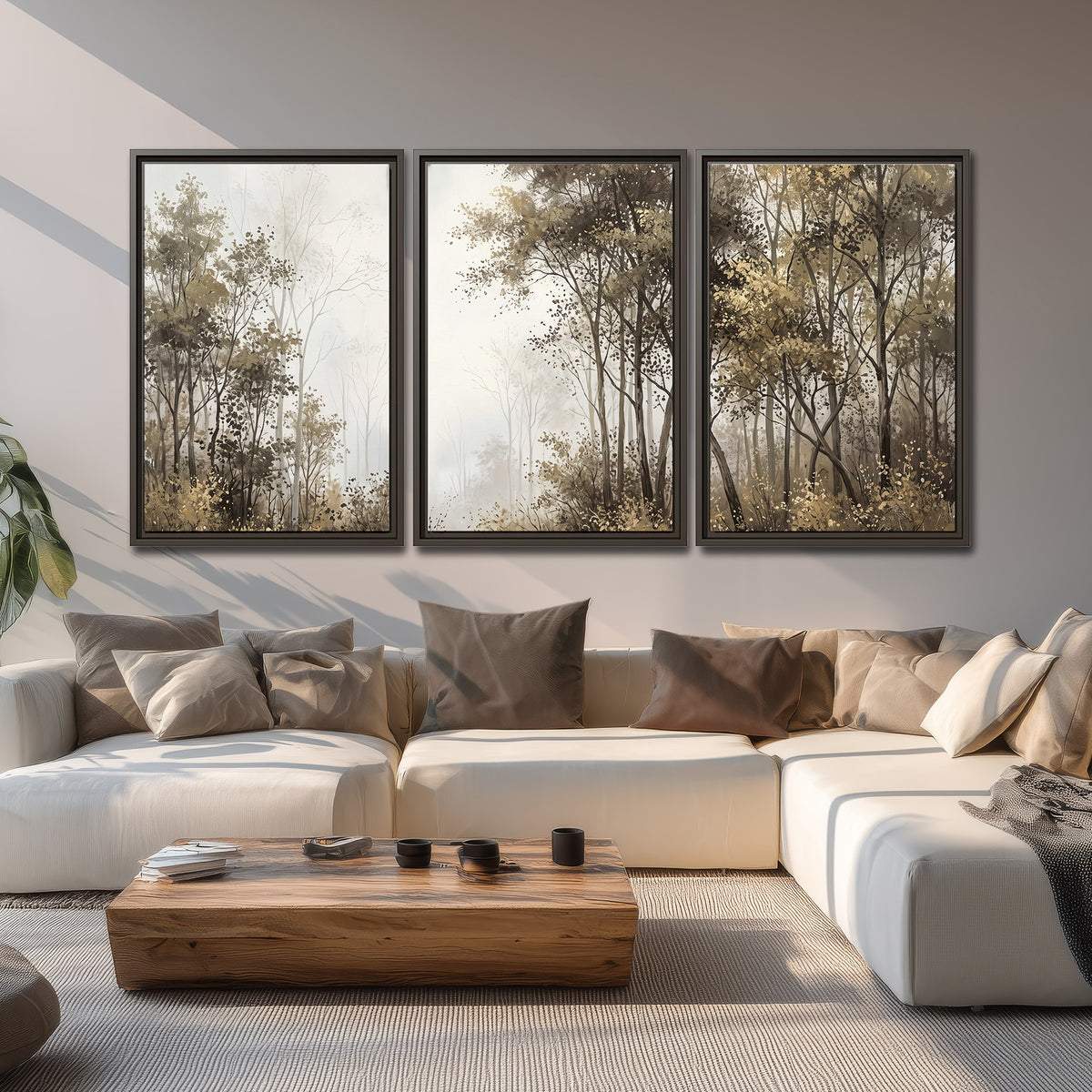 Tall autumn trees framing a pale misty woodland clearing 3 piece framed canvas wall art displayed in a living room