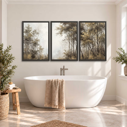 Tall autumn trees framing a pale misty woodland clearing 3 piece framed canvas wall art styled in an interior