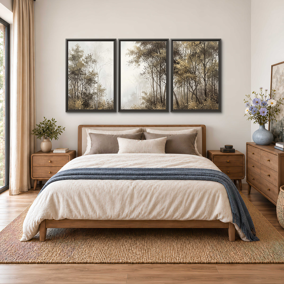 Tall autumn trees framing a pale misty woodland clearing 3 piece framed canvas wall art styled in an interior
