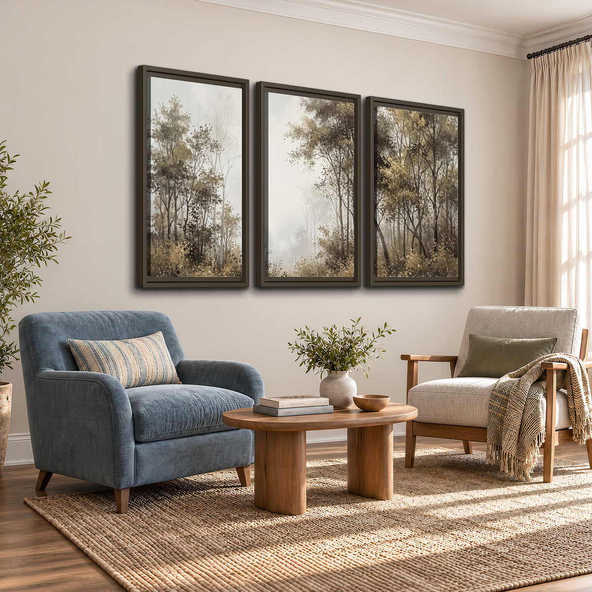 Tall autumn trees framing a pale misty woodland clearing 3 piece framed canvas wall art styled in an interior