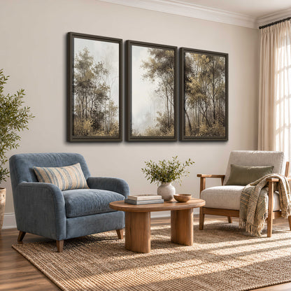 Tall autumn trees framing a pale misty woodland clearing 3 piece framed canvas wall art styled in an interior