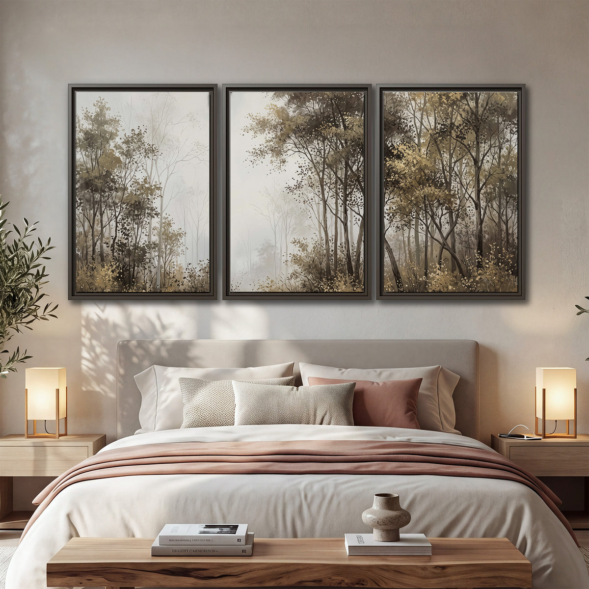 Tall autumn trees framing a pale misty woodland clearing 3 piece framed canvas wall art displayed in a bedroom