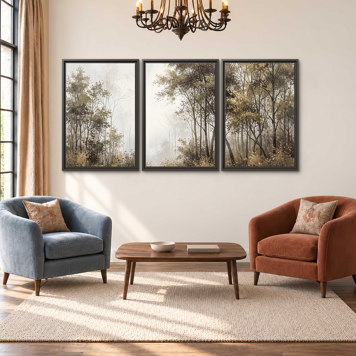 Tall autumn trees framing a pale misty woodland clearing 3 piece framed canvas wall art styled in an interior