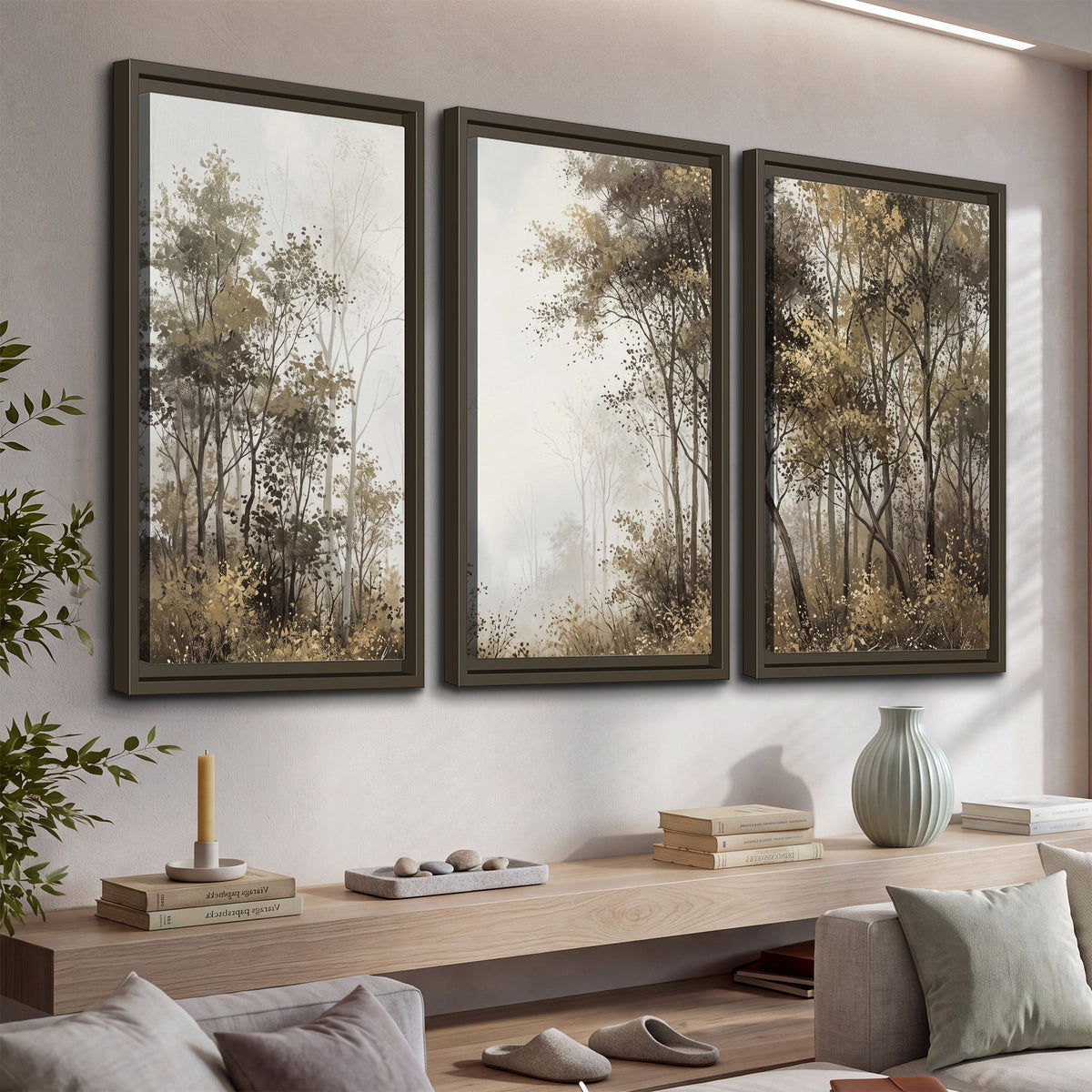 Tall autumn trees framing a pale misty woodland clearing 3 piece framed canvas wall art displayed in a console
