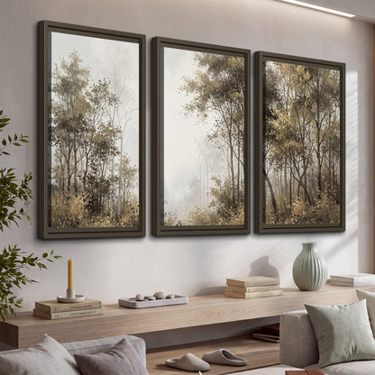 Tall autumn trees framing a pale misty woodland clearing 3 piece framed canvas wall art displayed in a console