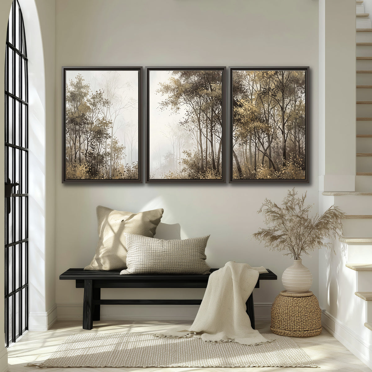 Tall autumn trees framing a pale misty woodland clearing 3 piece framed canvas wall art displayed in a entryway