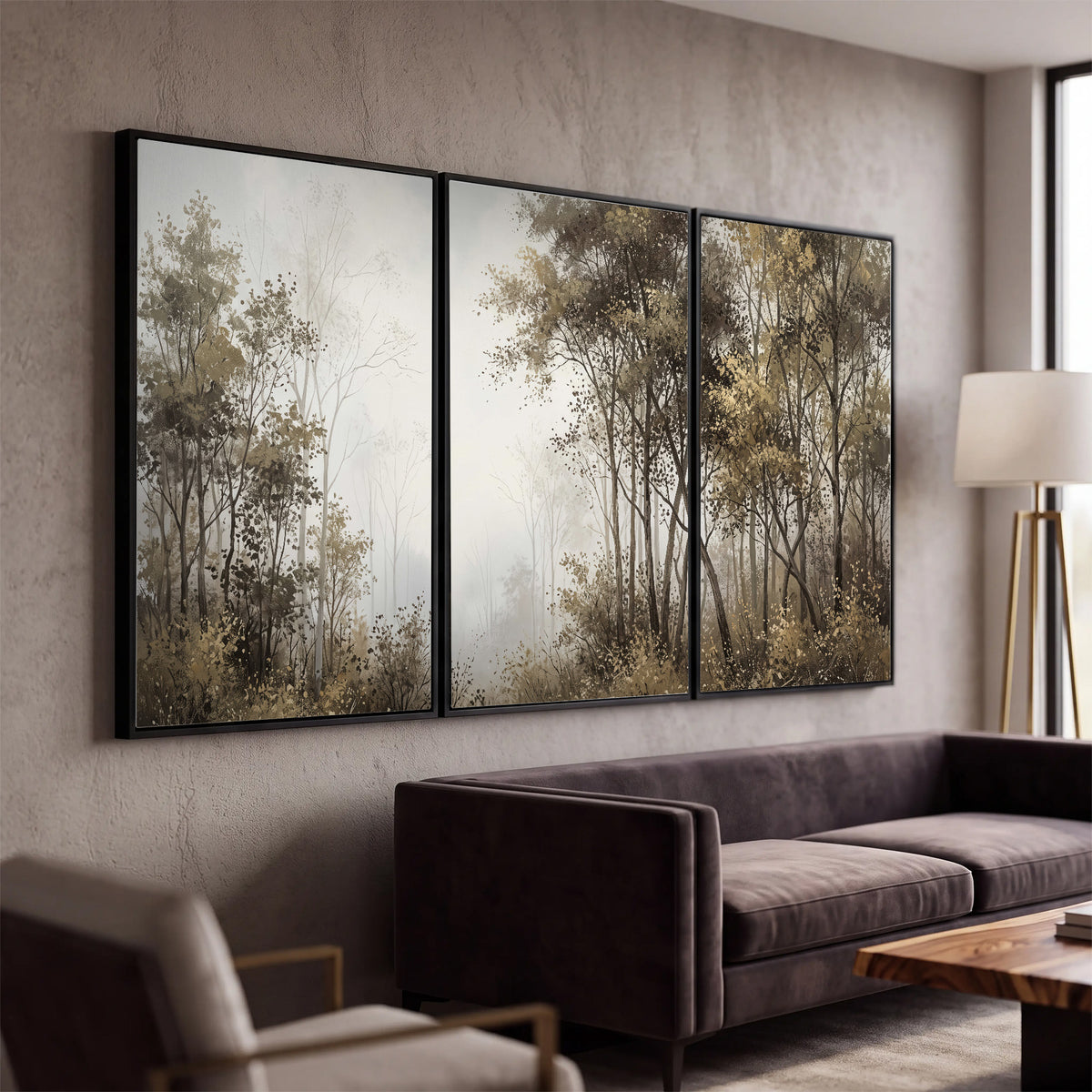 Tall autumn trees framing a pale misty woodland clearing 3 piece framed canvas wall art displayed in a modern living room