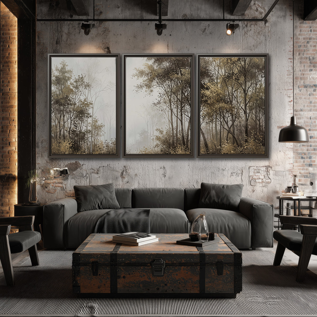 Tall autumn trees framing a pale misty woodland clearing 3 piece framed canvas wall art displayed in a industrial room