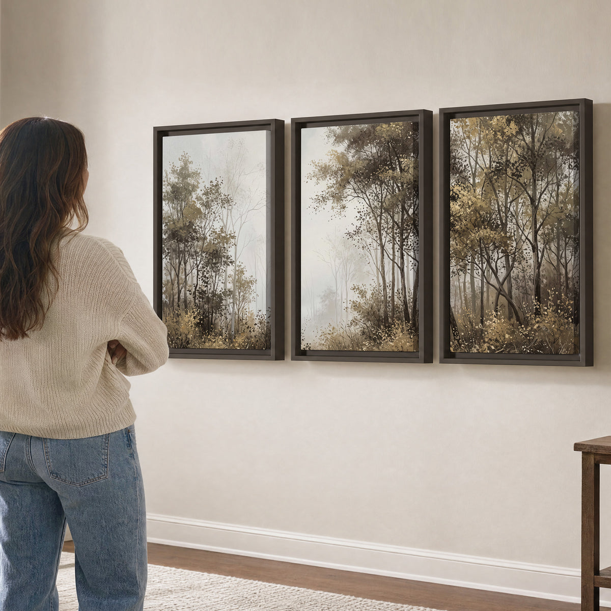 Tall autumn trees framing a pale misty woodland clearing 3 piece framed canvas wall art three panel arrangement on a wall
