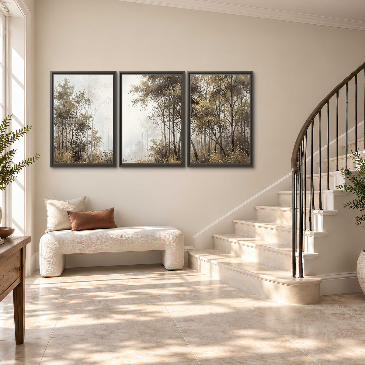 Tall autumn trees framing a pale misty woodland clearing 3 piece framed canvas wall art styled in an interior