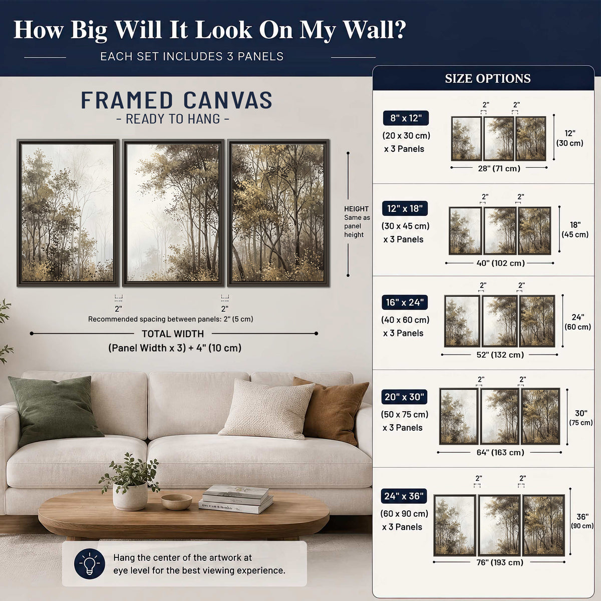 Tall autumn trees framing a pale misty woodland clearing 3 piece framed canvas wall art size guide above a sofa; room view is illustrative