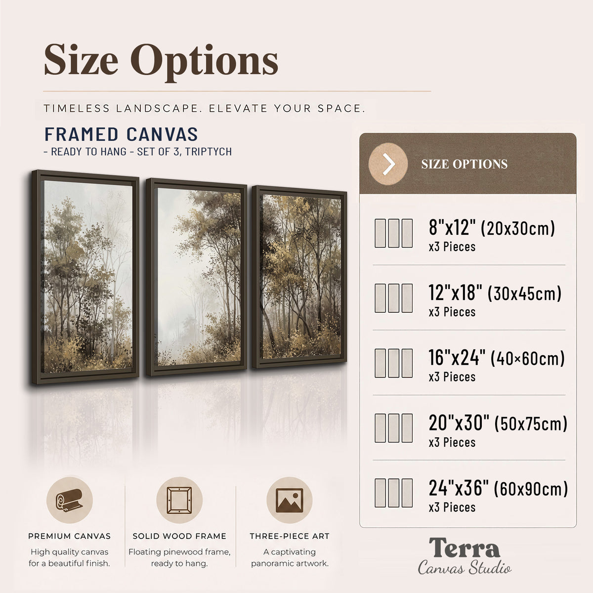 Tall autumn trees framing a pale misty woodland clearing 3 piece framed canvas wall art available dimensions; triptych dimensions are per panel