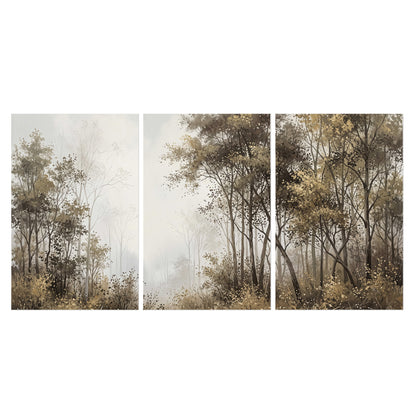 Tall autumn trees framing a pale misty woodland clearing set of 3 poster prints viewed straight on