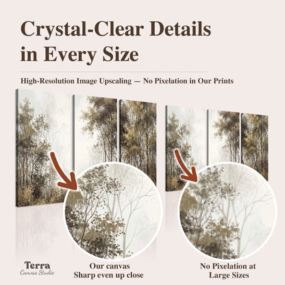 Tall autumn trees framing a pale misty woodland clearing artwork quality information