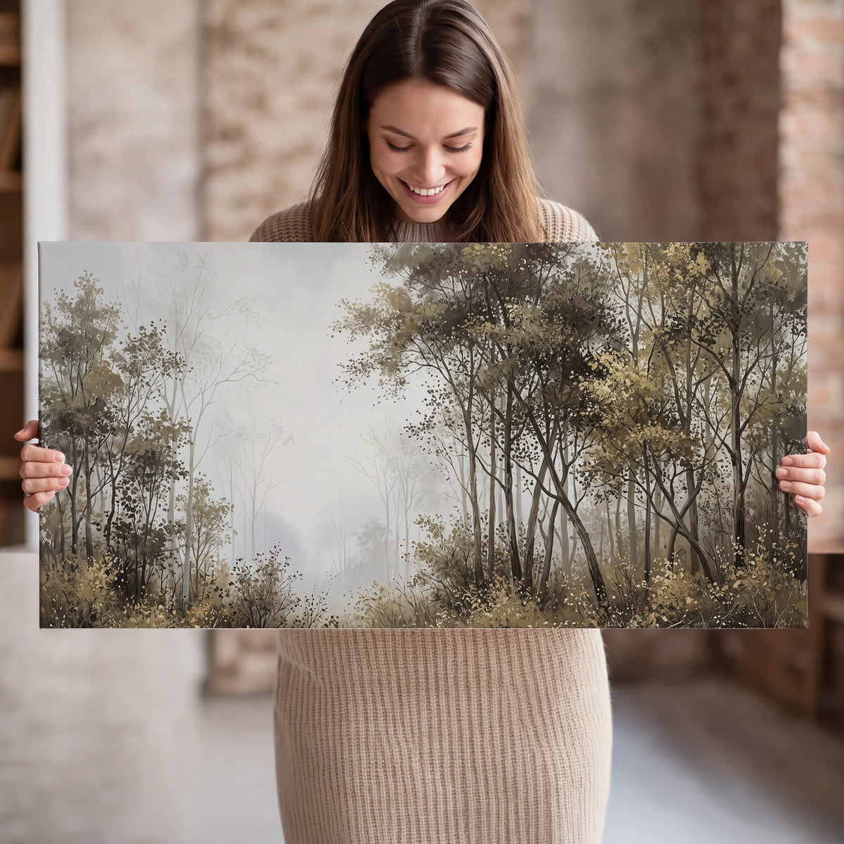 Tall autumn trees framing a pale misty woodland clearing single canvas wall art held in hands