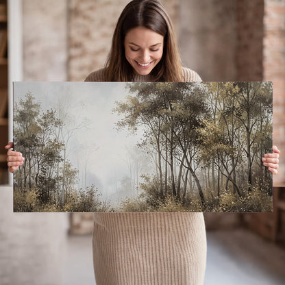 Tall autumn trees framing a pale misty woodland clearing single canvas wall art held in hands