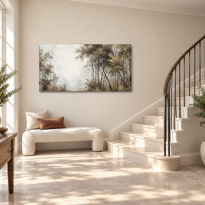 Tall autumn trees framing a pale misty woodland clearing single canvas wall art styled in an interior