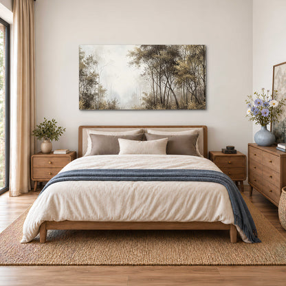 Tall autumn trees framing a pale misty woodland clearing single canvas wall art styled in an interior