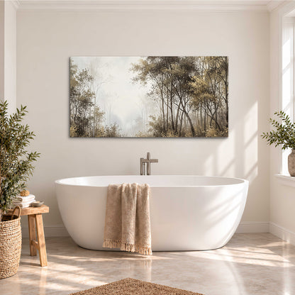 Tall autumn trees framing a pale misty woodland clearing single canvas wall art styled in an interior