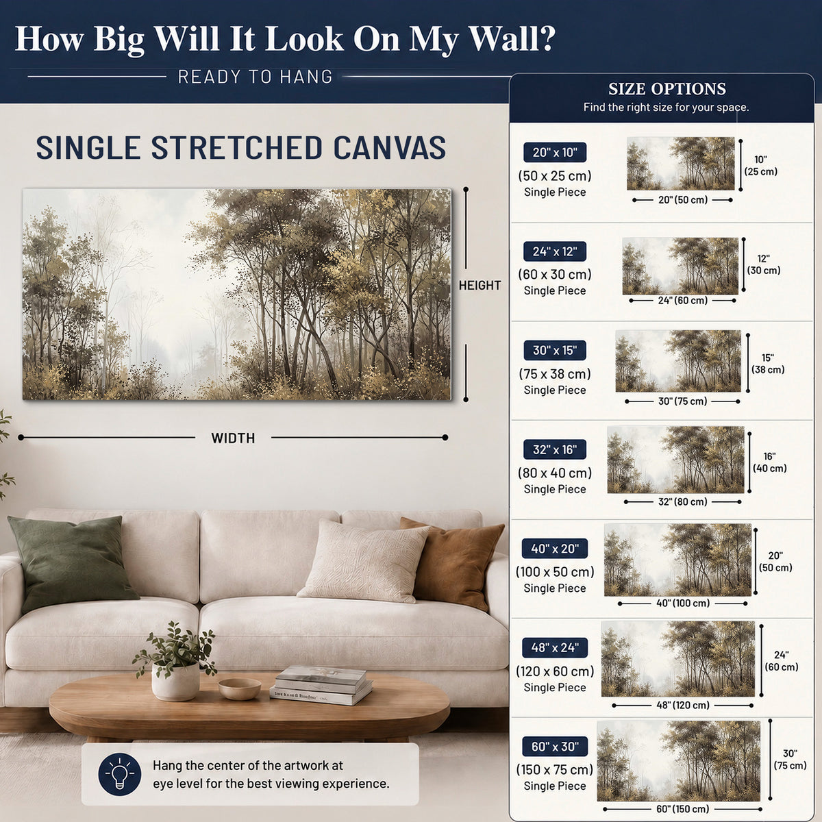 Tall autumn trees framing a pale misty woodland clearing single canvas wall art size guide above a sofa; room view is illustrative