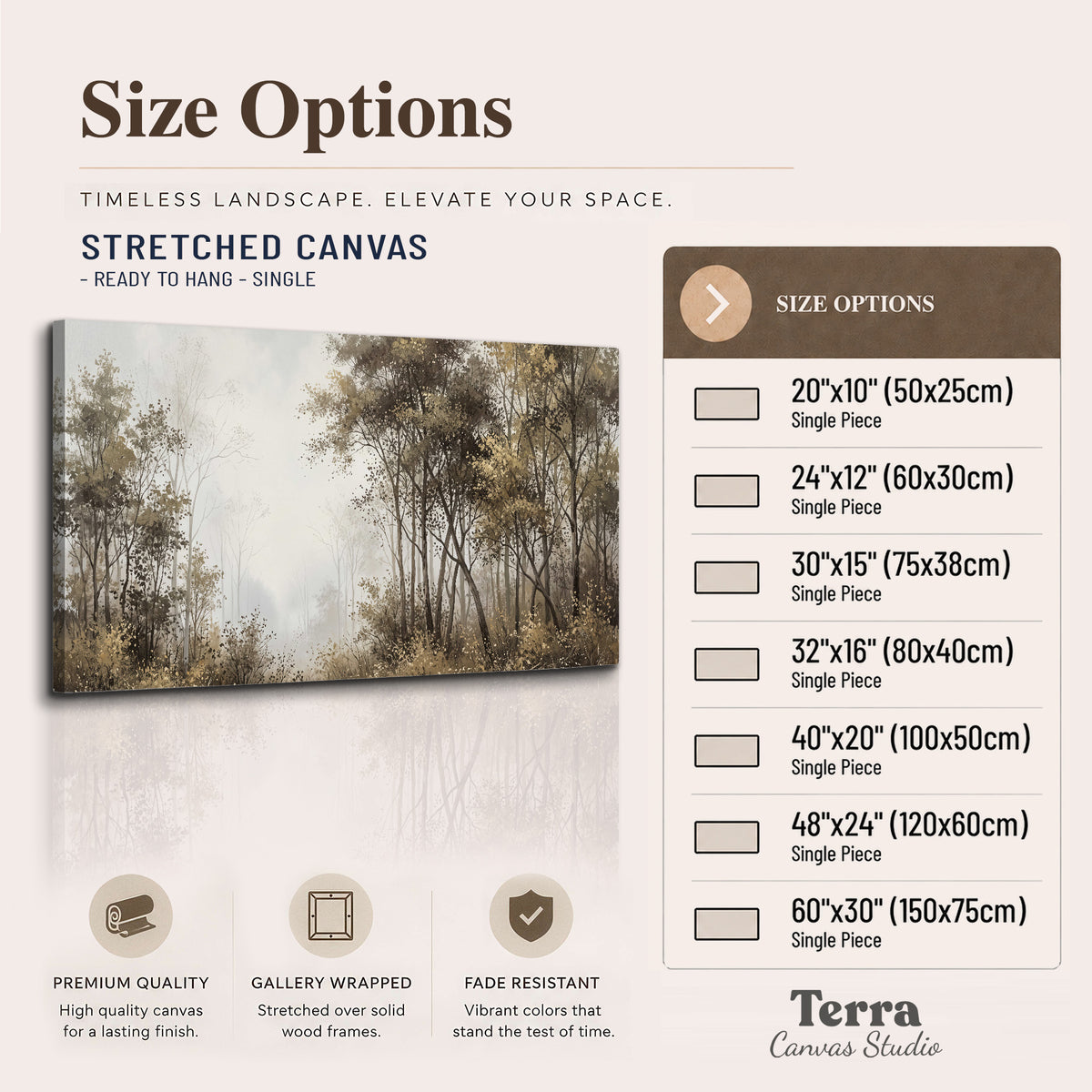 Tall autumn trees framing a pale misty woodland clearing single canvas wall art available dimensions