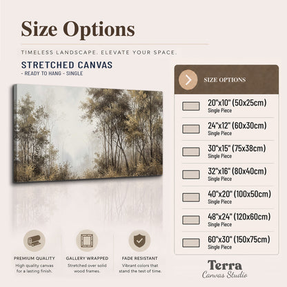 Tall autumn trees framing a pale misty woodland clearing single canvas wall art available dimensions
