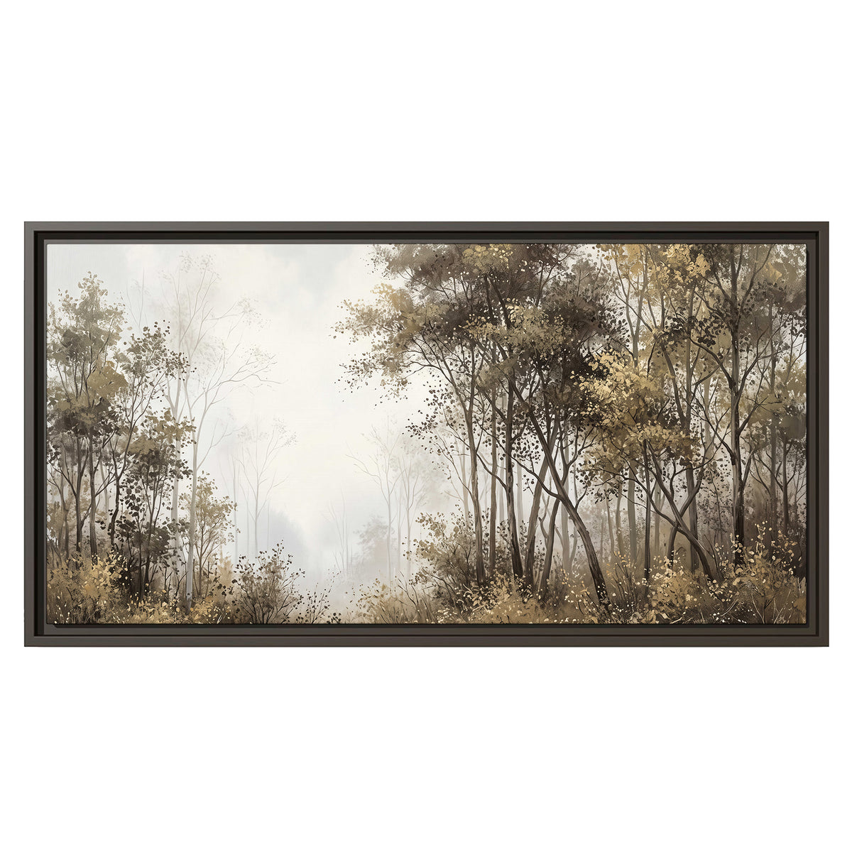 Tall autumn trees framing a pale misty woodland clearing single framed canvas wall art viewed straight on