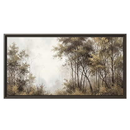 Tall autumn trees framing a pale misty woodland clearing single framed canvas wall art viewed straight on