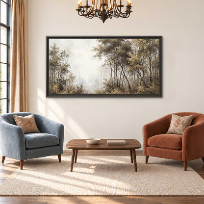 Tall autumn trees framing a pale misty woodland clearing single framed canvas wall art styled in an interior