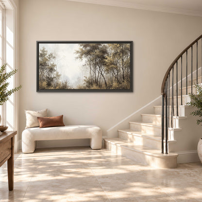 Tall autumn trees framing a pale misty woodland clearing single framed canvas wall art styled in an interior