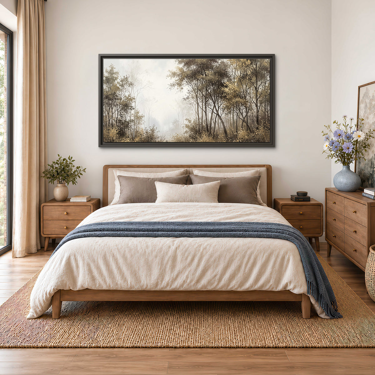 Tall autumn trees framing a pale misty woodland clearing single framed canvas wall art styled in an interior