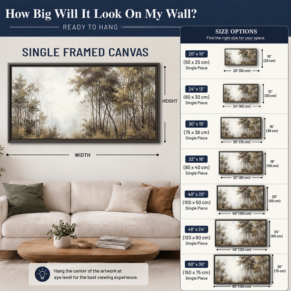 Tall autumn trees framing a pale misty woodland clearing single framed canvas wall art size guide above a sofa; room view is illustrative