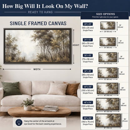 Tall autumn trees framing a pale misty woodland clearing single framed canvas wall art size guide above a sofa; room view is illustrative