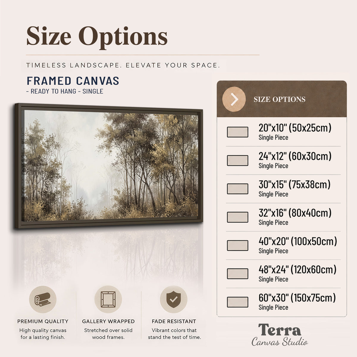 Tall autumn trees framing a pale misty woodland clearing single framed canvas wall art available dimensions
