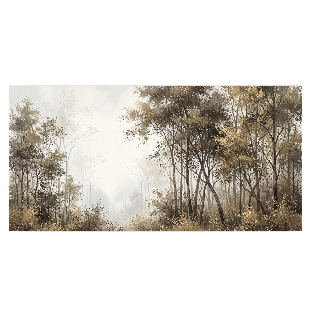 Tall autumn trees framing a pale misty woodland clearing single poster print viewed straight on