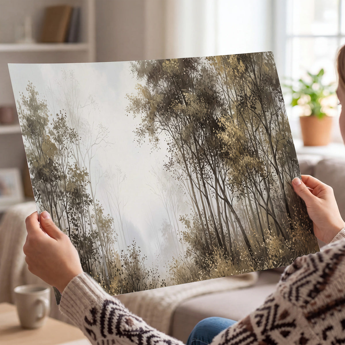 Tall autumn trees framing a pale misty woodland clearing single poster print held in hands