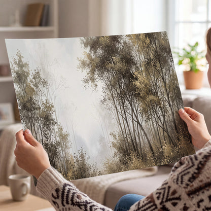 Tall autumn trees framing a pale misty woodland clearing single poster print held in hands