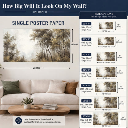 Tall autumn trees framing a pale misty woodland clearing single poster print size guide above a sofa; room view is illustrative