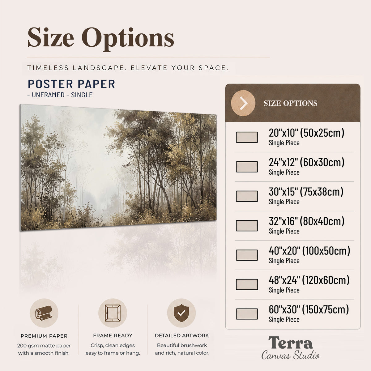 Tall autumn trees framing a pale misty woodland clearing single poster print available dimensions