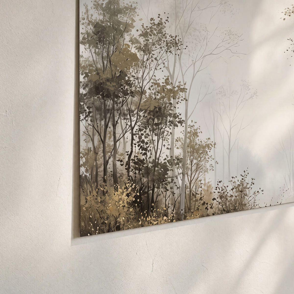 Tall autumn trees framing a pale misty woodland clearing set of 3 poster prints material and edge close up