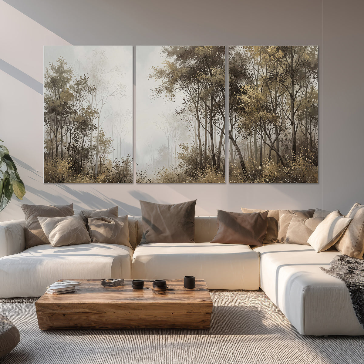 Tall autumn trees framing a pale misty woodland clearing set of 3 poster prints displayed in a living room